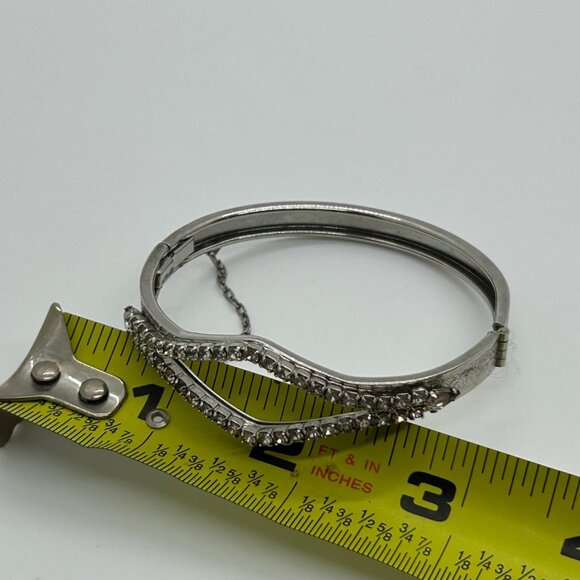 Vintage Silver-Tone Hinged Bangle Bracelet With Rhinestone Accents & Safety Chai - Picture 7 of 13